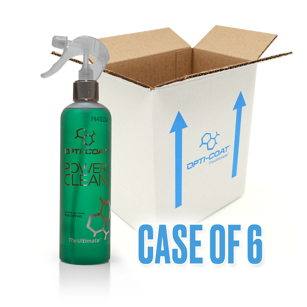 A commercial product photo showing a vibrant green Opti-Coat Power Clean spray bottle with a clear top next to an open white cardboard shipping box featuring blue up arrows and the Opti-Coat logo, with bold blue text 'CASE OF 6' prominently displayed below