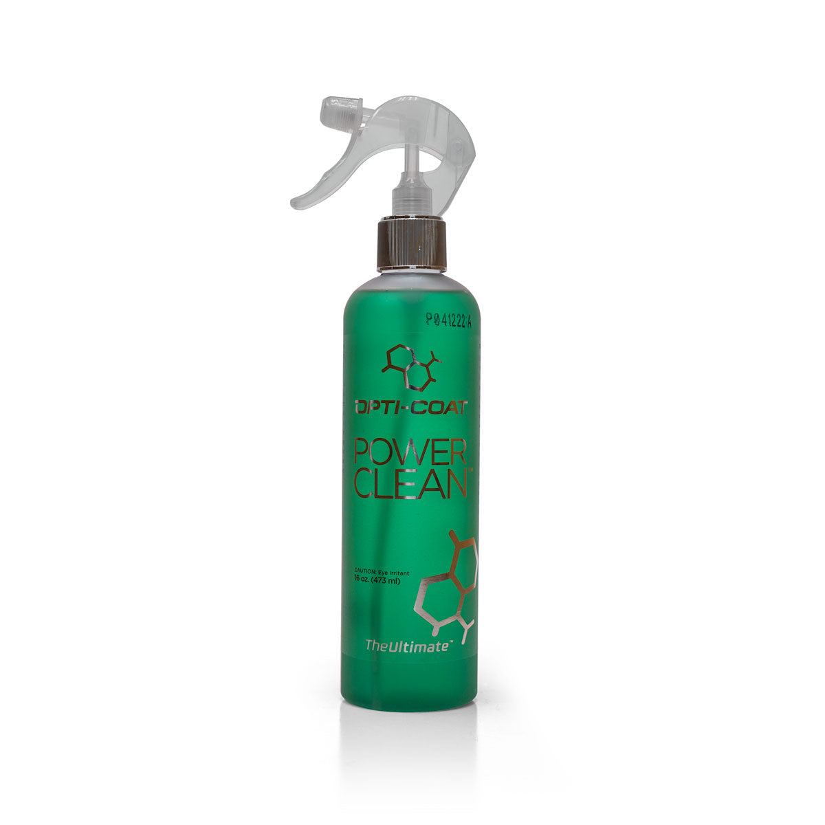 A vibrant green OPTI-COAT POWER CLEAN spray bottle with a clear nozzle and copper hexagonal graphics stands on a plain white background