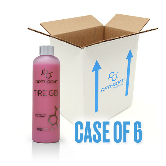 Pink Opti-Coat Tire Gel bottle stands beside an open white cardboard box featuring the blue Opti-Coat logo and upward arrows, with the bold blue text 'CASE OF 6' overlaying the scene