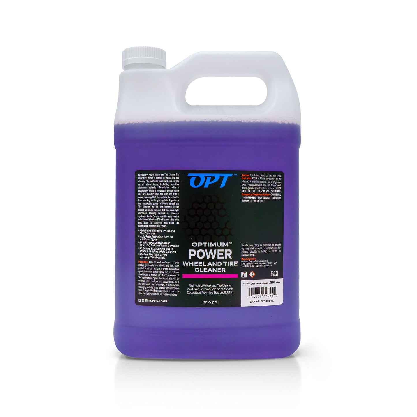 White plastic gallon jug filled with vibrant purple Optimum Power Wheel and Tire Cleaner, featuring a black and white label with the OPT logo, barcode, and Made in USA icon