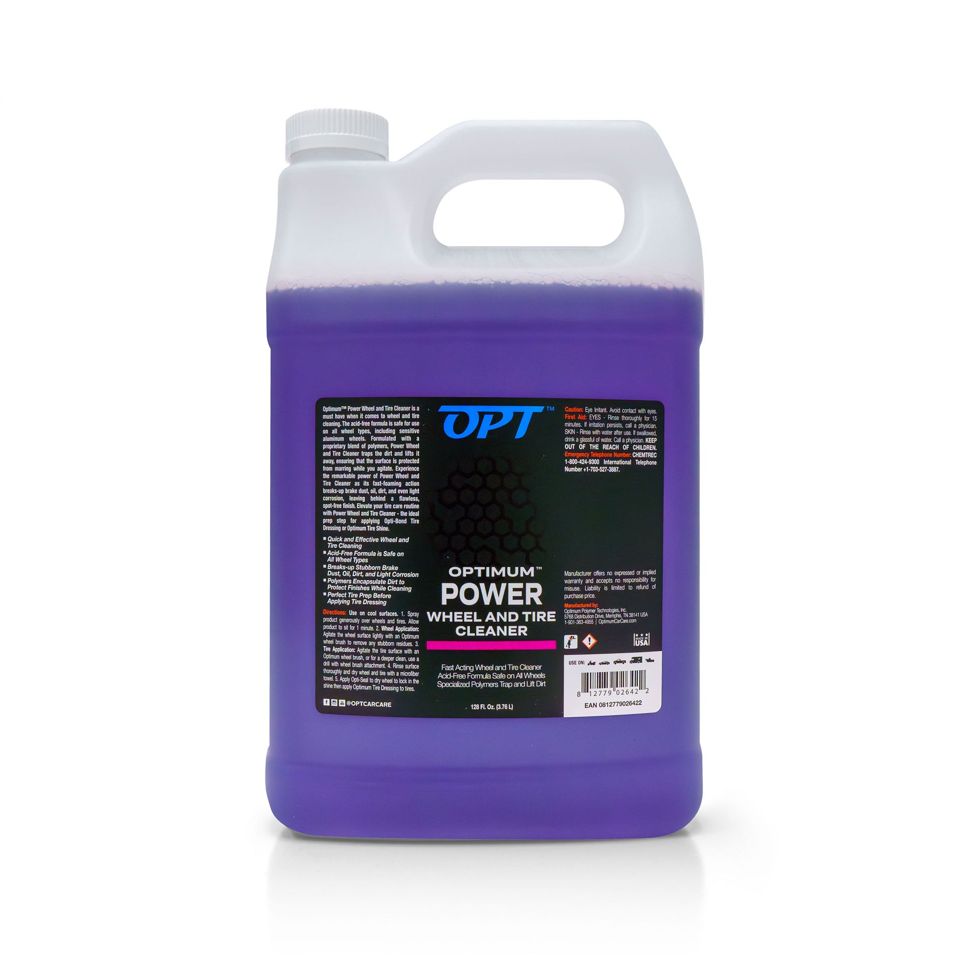 White plastic gallon jug filled with vibrant purple Optimum Power Wheel and Tire Cleaner, featuring a black and white label with the OPT logo, barcode, and Made in USA icon