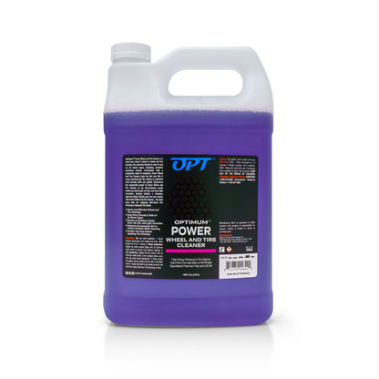 White plastic gallon jug filled with vibrant purple Optimum Power Wheel and Tire Cleaner, featuring a black and white label with the OPT logo, barcode, and Made in USA icon