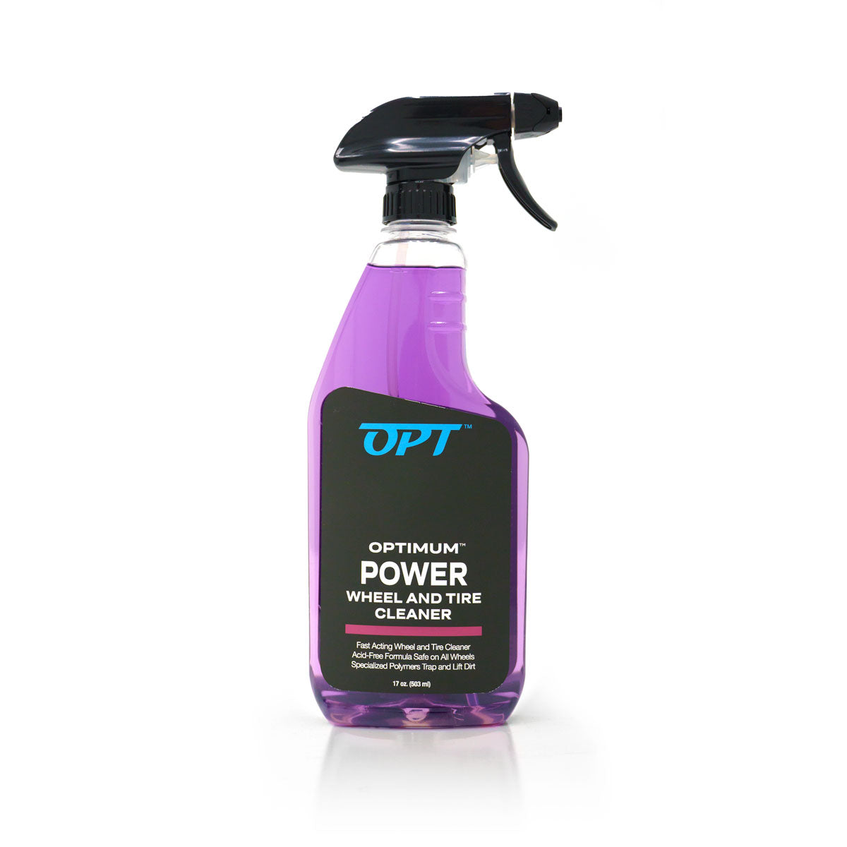 Product photograph of an Optimum Power Wheel and Tire Cleaner bottle, showcasing vibrant purple liquid, a black trigger spray, and a black label with a distinctive blue OPT logo, presented against a pure white background