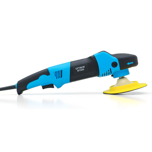 Product photography of an Optimum RP3000 dual action car polisher in blue and black with a bright yellow polishing pad on a white studio background