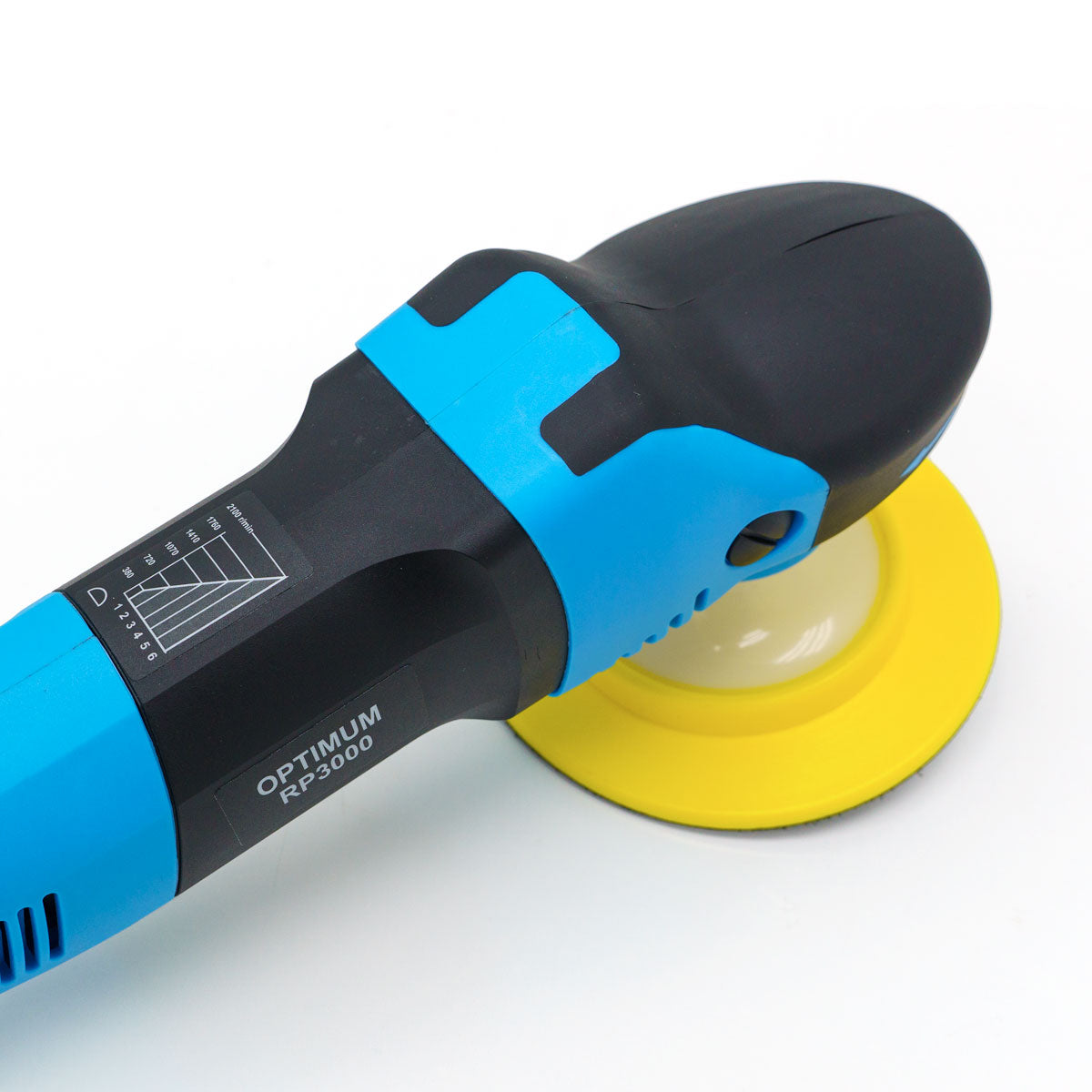 Photograph of an Optimum RP3000 polisher, a powerful detailing tool on a white background, featuring its bright blue and black body, a vibrant yellow polishing pad, and a visible speed setting chart