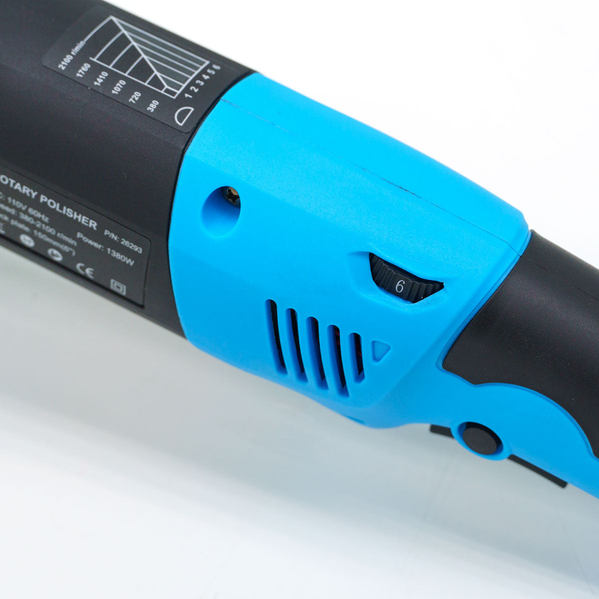 Close-up view of a black and vibrant blue rotary polisher, highlighting its speed dial set to '6' and the product label displaying "ROTARY POLISHER" and 1380W power specifications