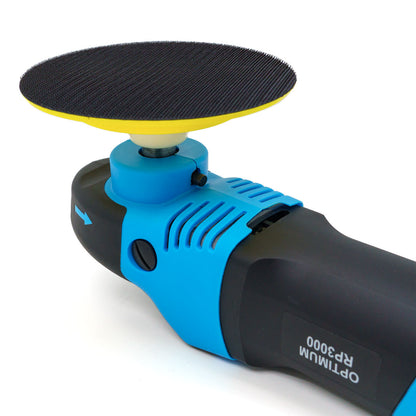 Photograph of an Optimum RP3000 dual-action polisher on a white background featuring a black and bright blue body, a yellow backing plate, and a black hook-and-loop sanding pad