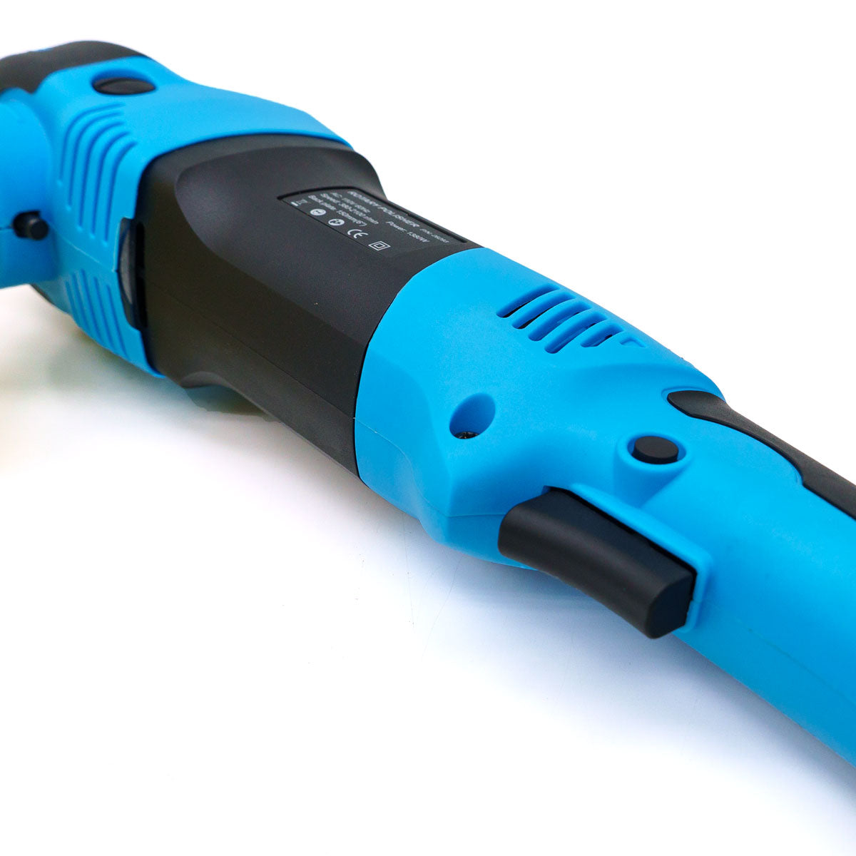 Product photography featuring a vibrant blue and black electric car polisher with a prominent black trigger and circular speed dial displayed on a pristine white studio background