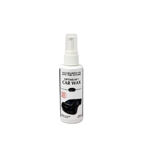 White spray bottle of Optimum Car Wax on a white background featuring 'ACCELERATE INTO THE FUTURE' text, a sleek black car graphic, and a red UV logo