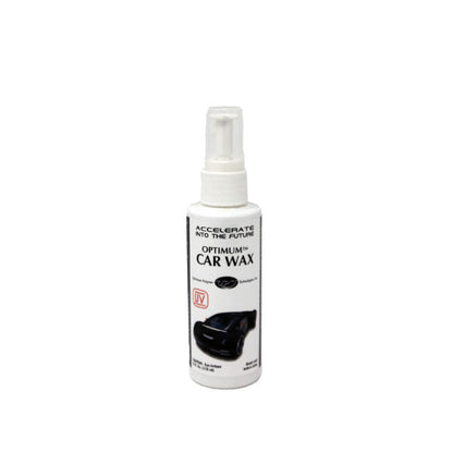 White spray bottle of Optimum Car Wax on a white background featuring 'ACCELERATE INTO THE FUTURE' text, a sleek black car graphic, and a red UV logo