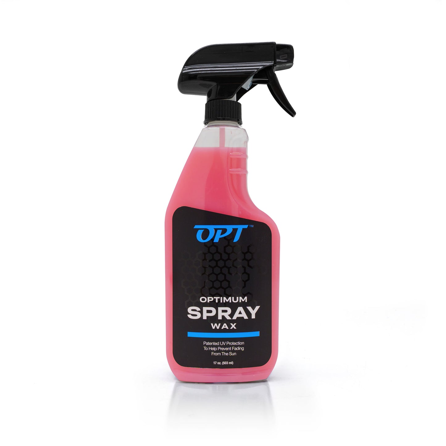 A bright pink Optimum Spray Wax car detailing bottle with a black trigger sprayer on a white background displaying a black label featuring a blue OPT logo hexagonal pattern and Patented UV Protection text