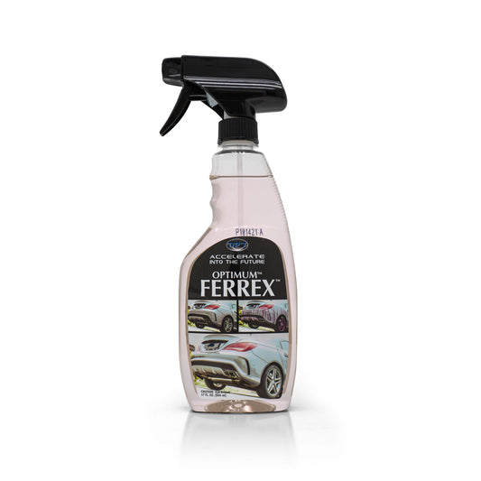 Product photograph of a clear spray bottle of Optimum Ferrex car iron remover with pink liquid and a black trigger sprayer on a white background, its label displaying "OPTIMUM FERREX" and images of a silver car's rear before and after treatment showing purple-pink iron fallout reaction and 17 fl oz volume