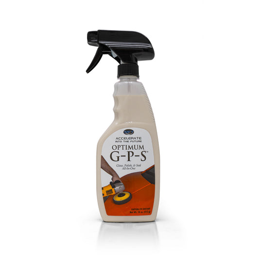 Photo of an Optimum G-P-S Glaze Polish & Seal All-In-One car detailing product in a clear bottle with a black spray top on a white background displaying a label showing a hand polishing an orange car and the net weight of 18 oz