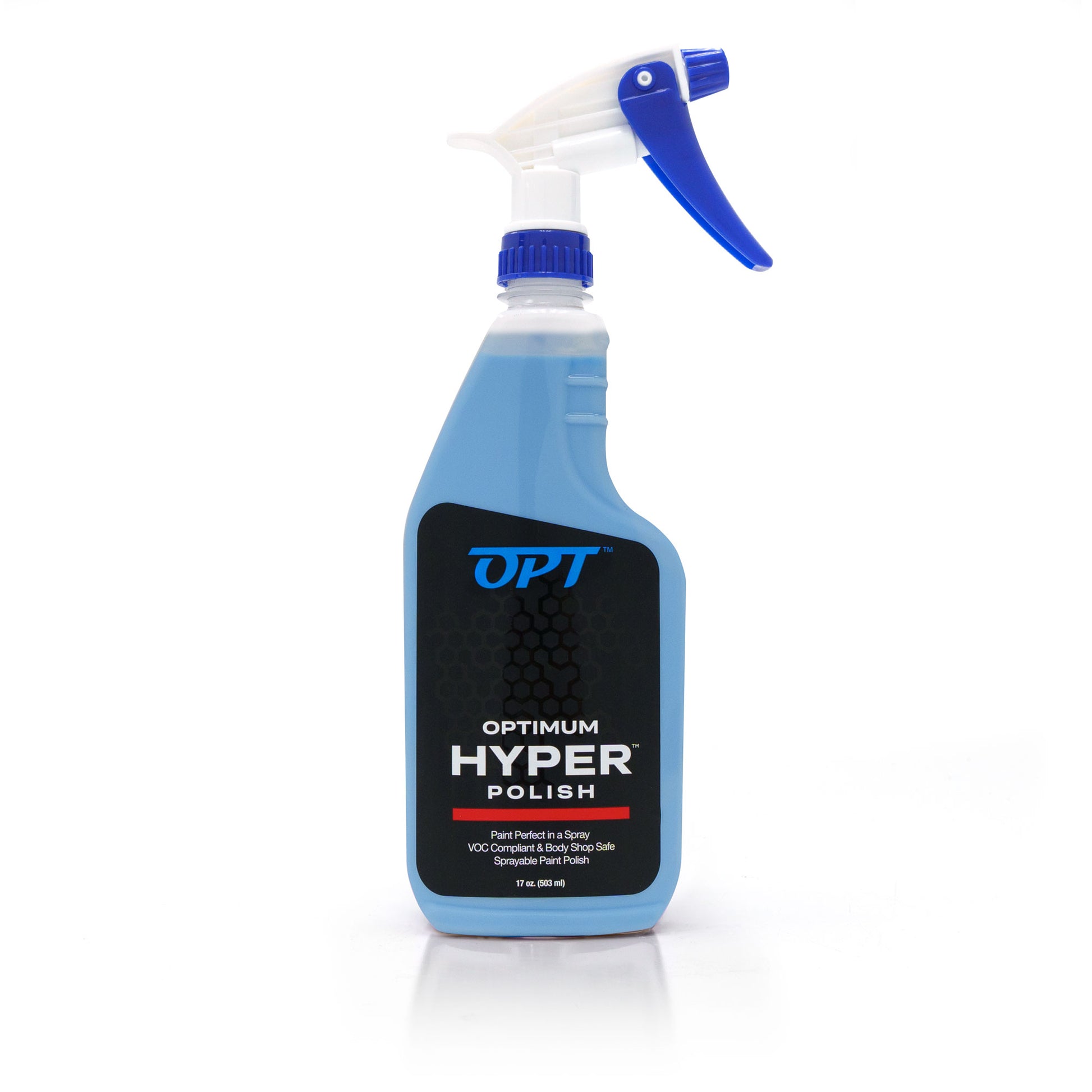 Product shot of an Optimum Hyper Polish spray bottle on a white background, featuring light blue liquid, a black label with white and blue text and a red line, and a white and royal blue spray nozzle