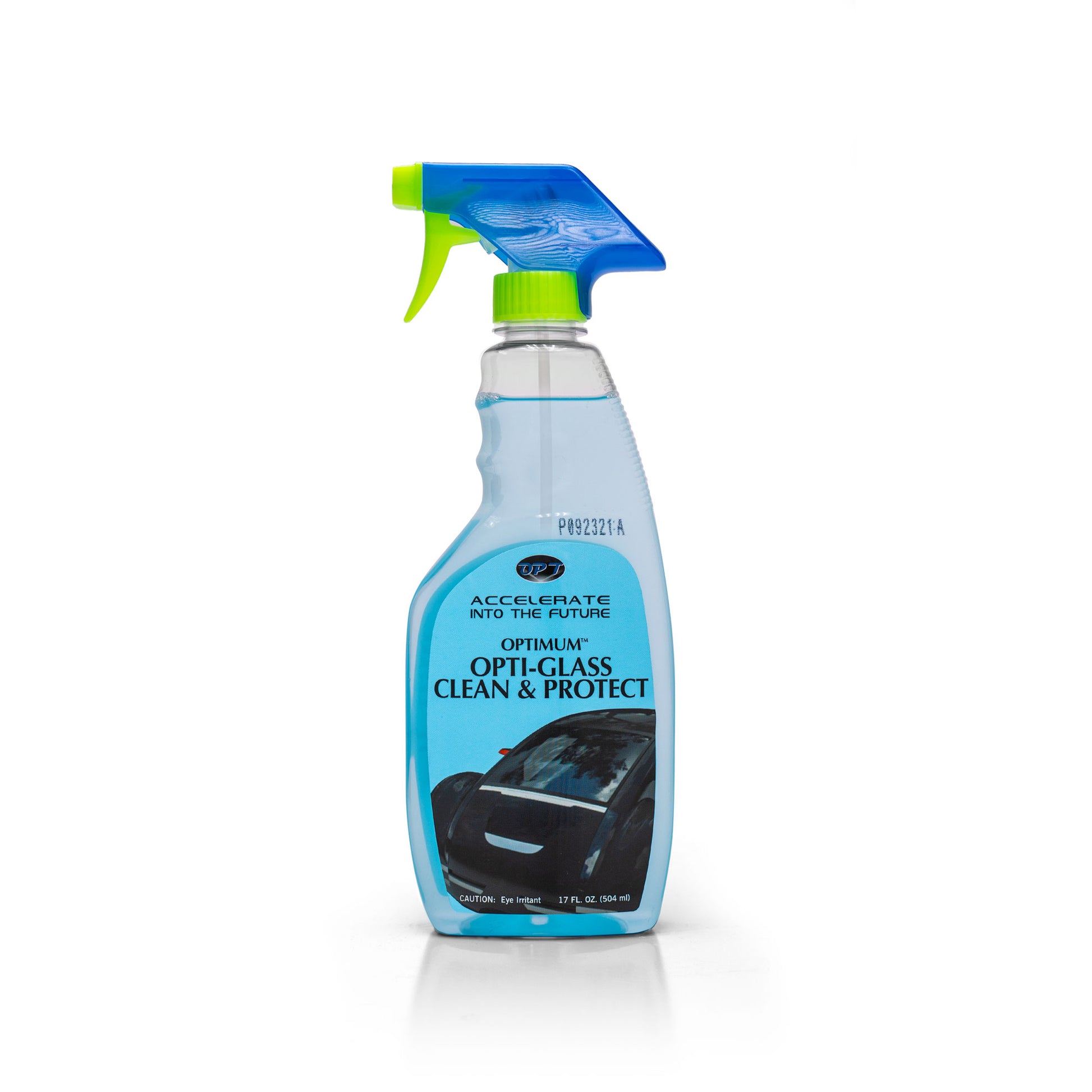 Photograph of an Optimum Opti-Glass Clean & Protect spray bottle on a white background featuring a clear bottle with blue liquid, a vibrant green and blue spray nozzle, and a label displaying a black car with "ACCELERATE INTO THE FUTURE" text