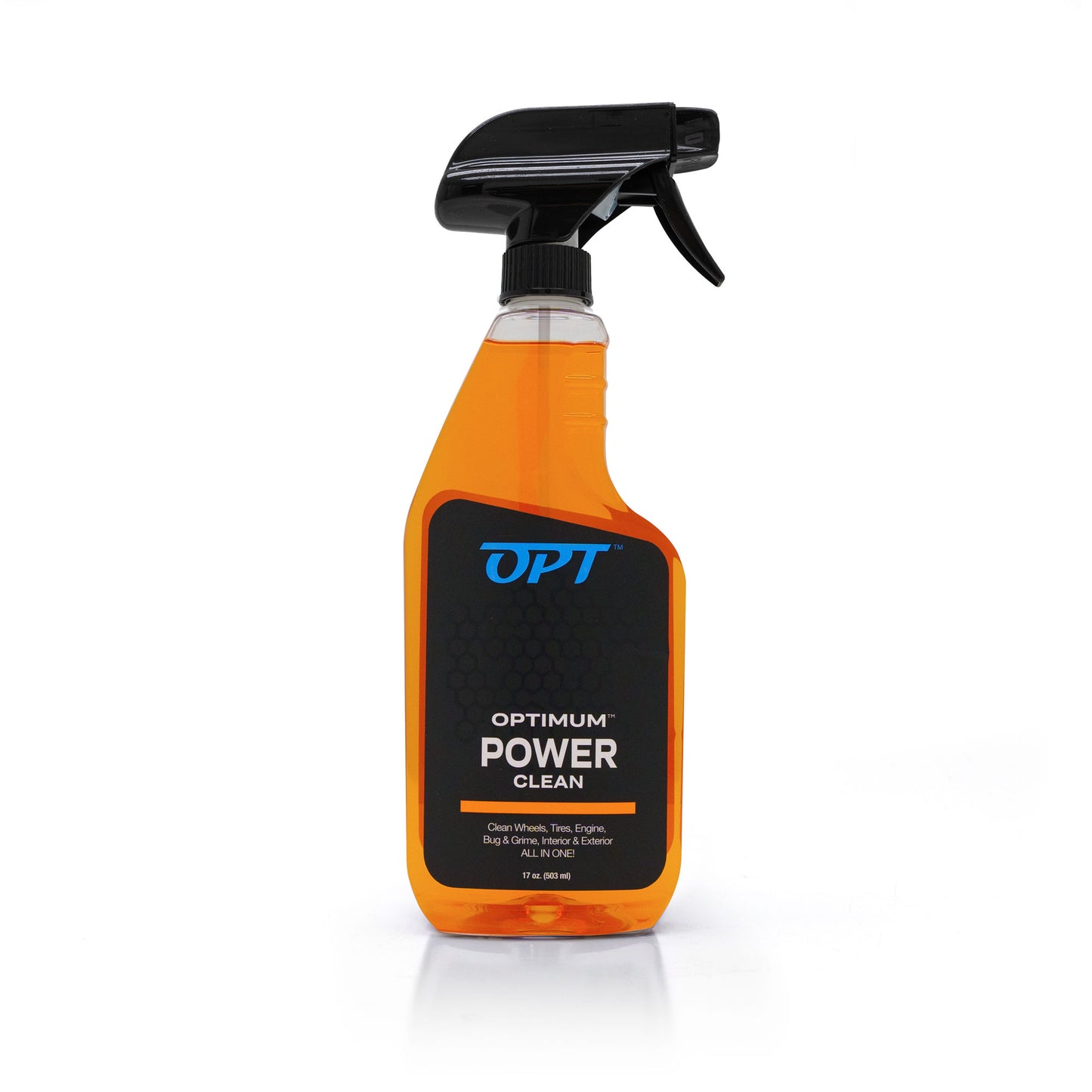 Photograph of an Optimum Power Clean spray bottle containing bright orange liquid, a black spray nozzle, and a black label with the blue OPT logo and white "Optimum Power Clean" text promoting it as an all-in-one cleaner for wheels, tires, engine, bug & grime, interior & exterior