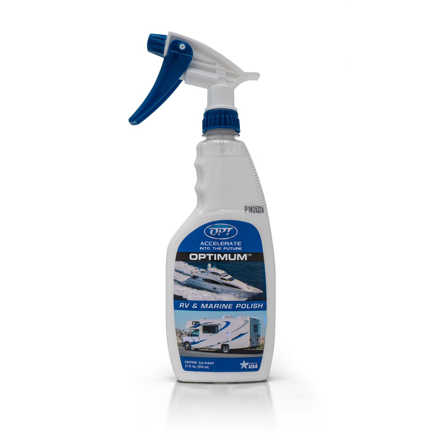 White Optimum RV & Marine Polish spray bottle with a prominent blue trigger and cap, displaying a product label featuring a luxury yacht, an RV, and a Made in USA emblem on a pristine white background