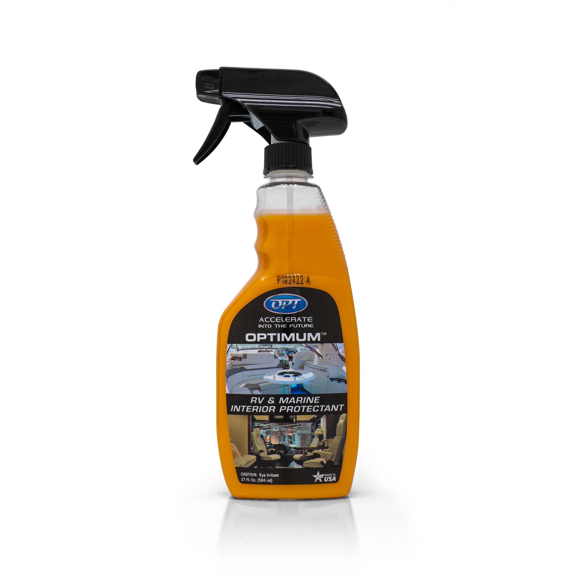 Product photo of an Optimum RV & Marine Interior Protectant spray bottle with bright orange liquid and a black trigger, featuring a label that depicts a boat cockpit and an RV interior, highlighted by its Made in USA emblem
