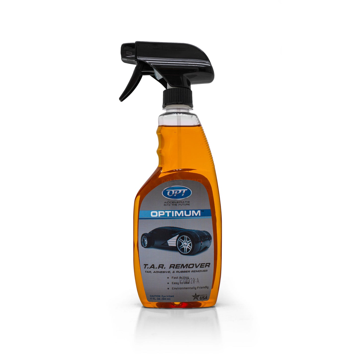 Product image of an Optimum T.A.R. Remover spray bottle filled with orange liquid, featuring a black spray top and a label with a futuristic dark car graphic and Made in USA text on a white background