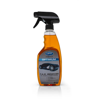 Product image of an Optimum T.A.R. Remover spray bottle filled with orange liquid, featuring a black spray top and a label with a futuristic dark car graphic and Made in USA text on a white background