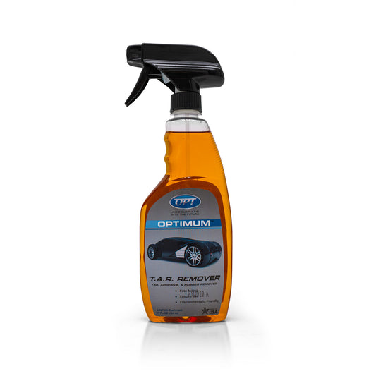 Product image of an Optimum T.A.R. Remover spray bottle filled with orange liquid, featuring a black spray top and a label with a futuristic dark car graphic and Made in USA text on a white background