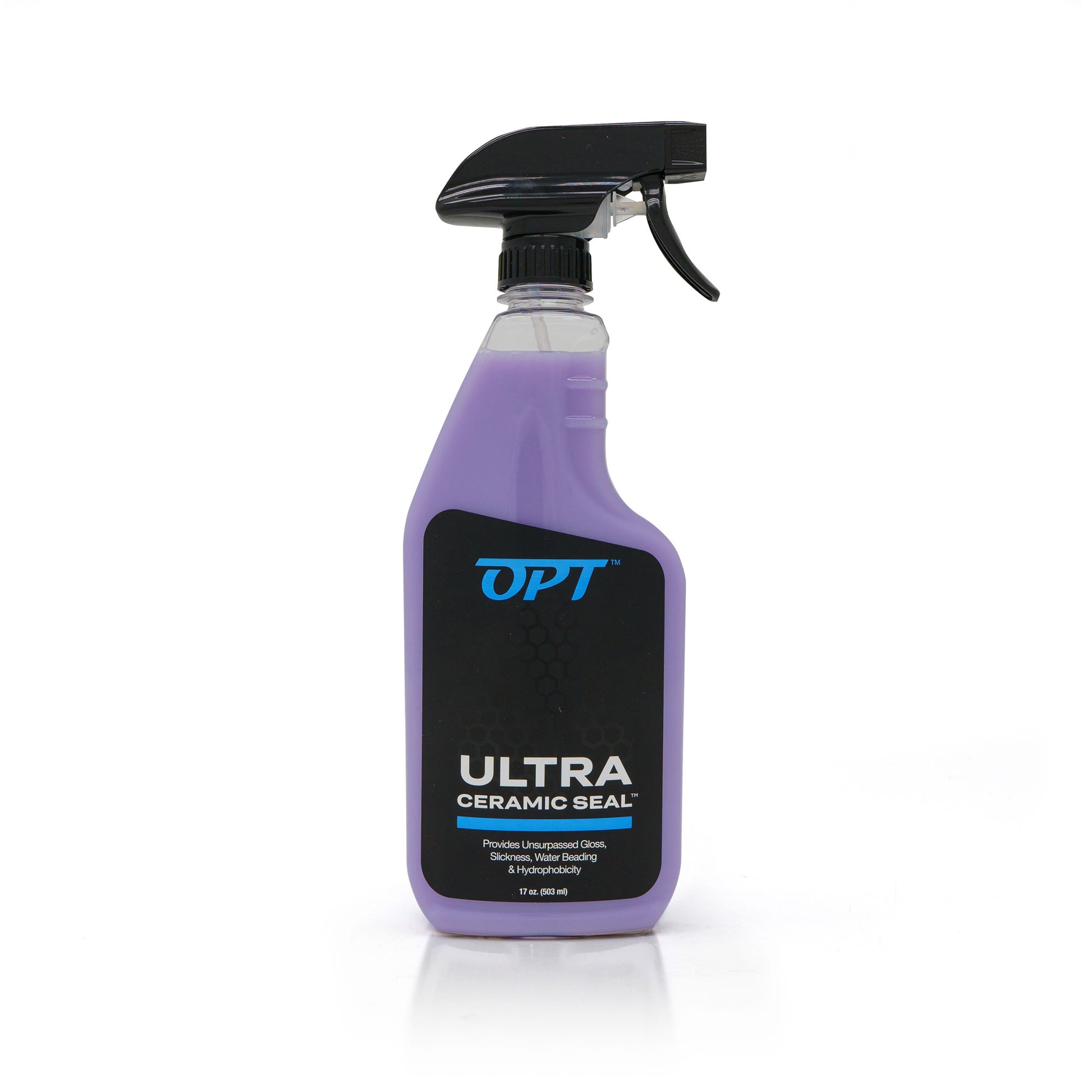 Product photograph of a clear bottle of OPT Ultra Ceramic Seal car care product with vibrant purple liquid and a black spray trigger on a white background