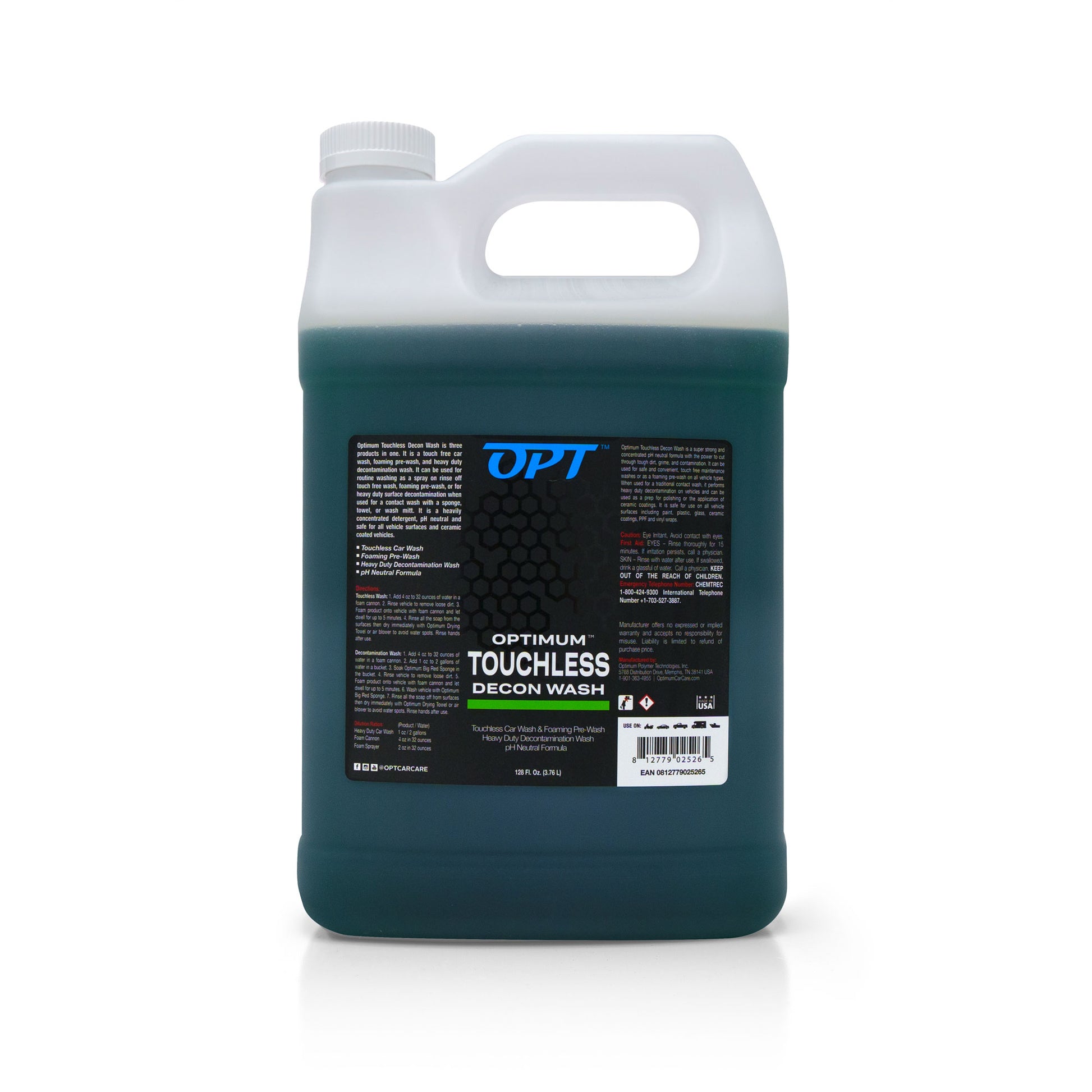 Product photo of a translucent white gallon jug filled with deep teal Optimum Touchless Decon Wash car cleaning solution featuring a black and blue OPT label indicating 128 fluid ounces and Made in USA