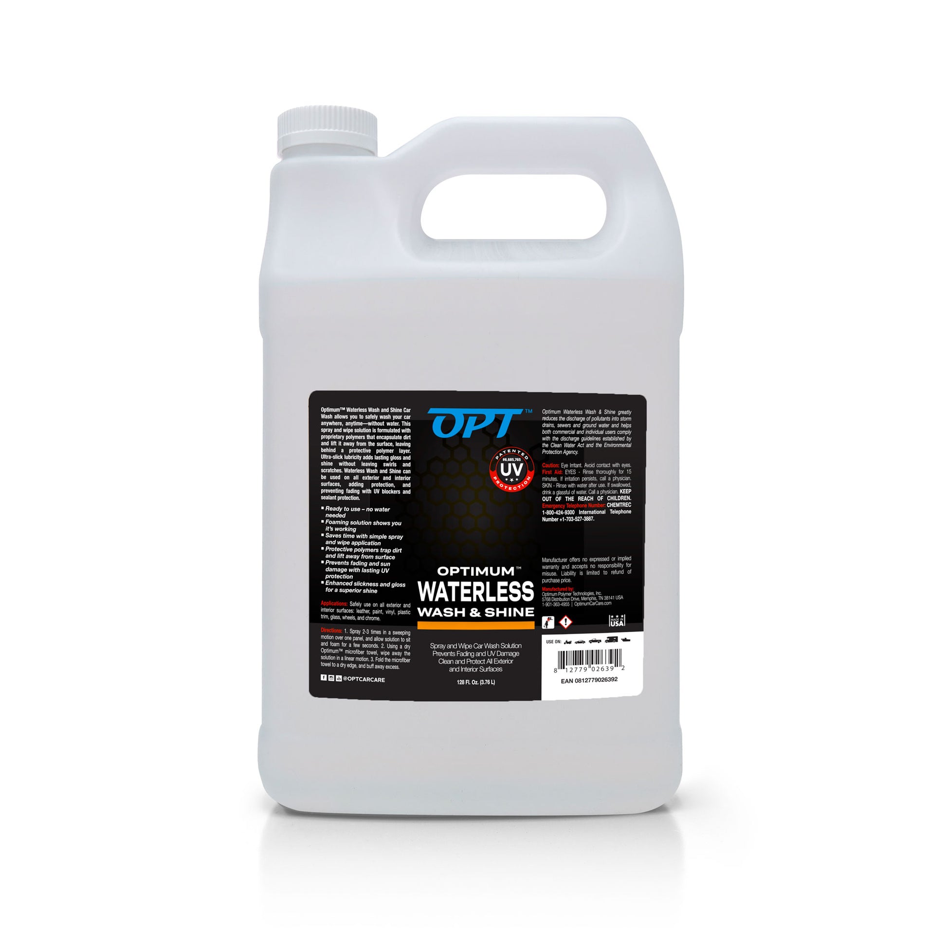 Product photography of a white translucent plastic gallon jug of Optimum Waterless Wash & Shine featuring a black label with a blue OPT logo a red UV Protection icon and 128 Fl Oz 378 L volume