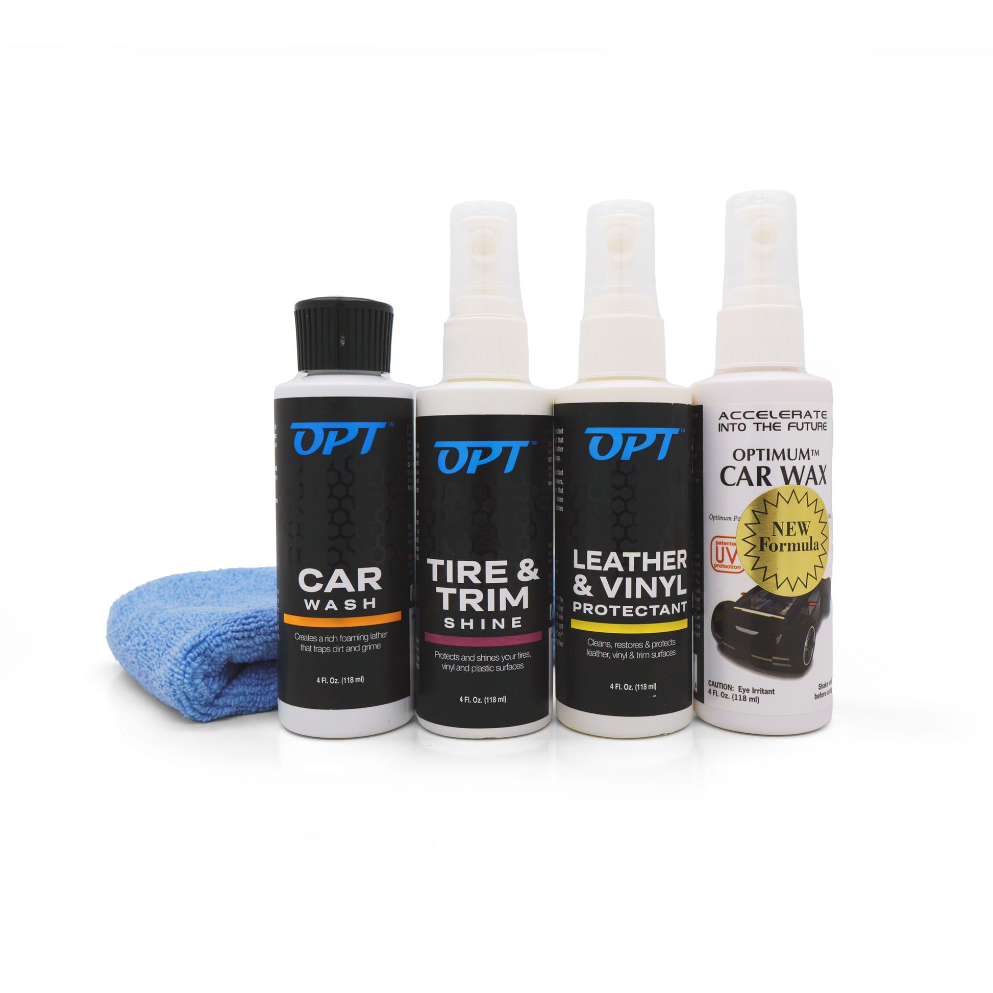 Product photography of four OPT car detailing bottles: Car Wash, Tire & Trim Shine, Leather & Vinyl Protectant, and a white bottle of NEW FORMULA Car Wax, next to a blue microfiber towel