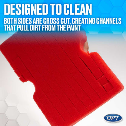 Product photograph by OPT showcasing a vibrant red cross-cut foam cleaning pad held by a hand against a blue and white hexagonal background, featuring descriptive text 'DESIGNED TO CLEAN BOTH SIDES ARE CROSS CUT, CREATING CHANNELS THAT PULL DIRT FROM THE PAINT'