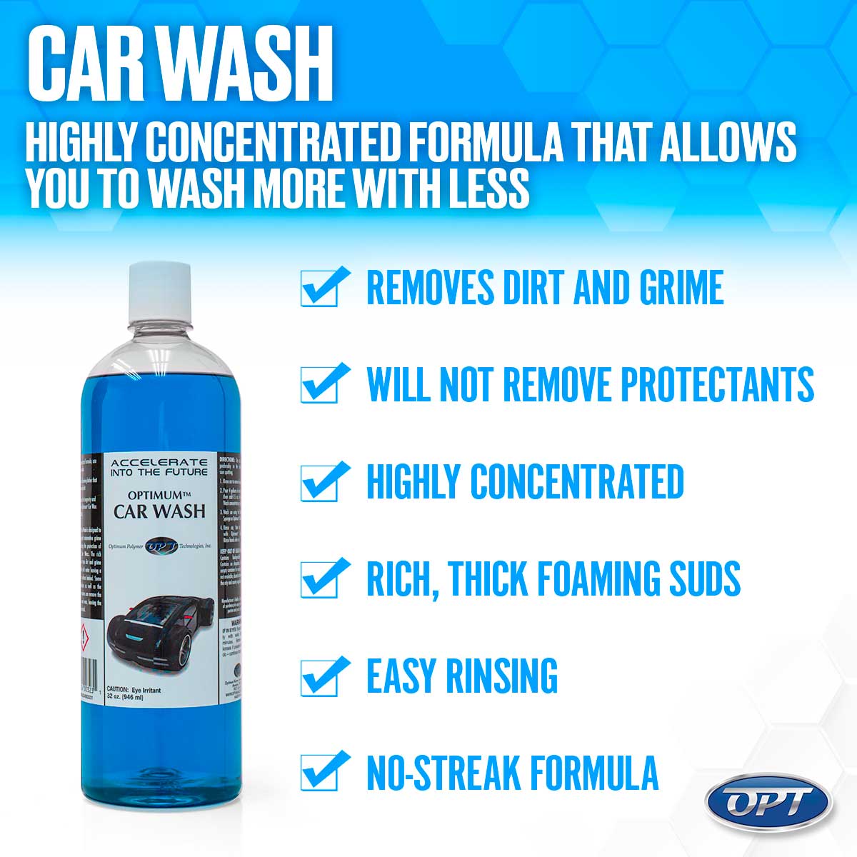 Digital product image by Optimum showcasing a clear bottle of vibrant blue car wash liquid with a black car graphic on the label, set against a white and blue hexagonal background with text highlighting highly concentrated and no-streak formula benefits