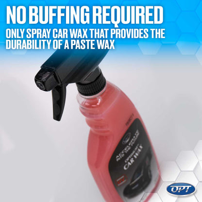 Product photograph by OPT of a red car wax spray bottle with a black trigger, featuring the key message 'NO BUFFING REQUIRED ONLY SPRAY CAR WAX THAT PROVIDES THE DURABILITY OF A PASTE WAX' against a blue hexagonal background with the OPT logo