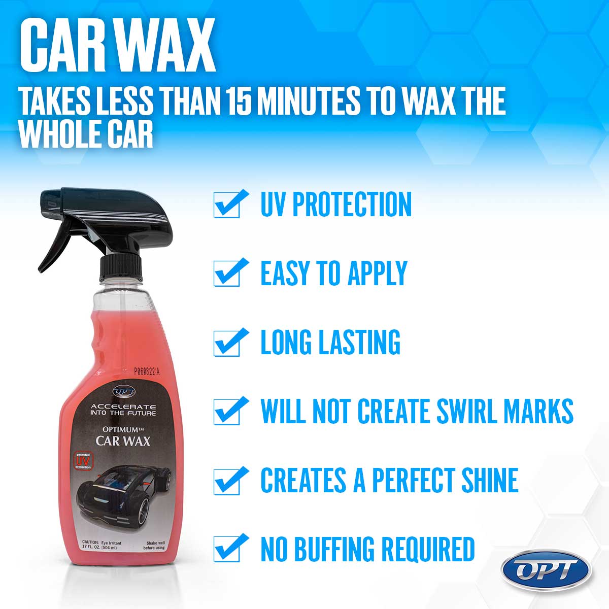 Optimum Car Wax spray bottle advertisement featuring pink liquid, a shiny black sports car on the label, and text emphasizing UV protection, a perfect shine, and waxing in under 15 minutes with no buffing required
