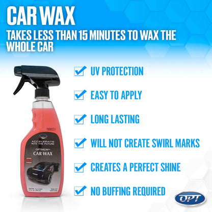 Optimum Car Wax spray bottle advertisement featuring pink liquid, a shiny black sports car on the label, and text emphasizing UV protection, a perfect shine, and waxing in under 15 minutes with no buffing required