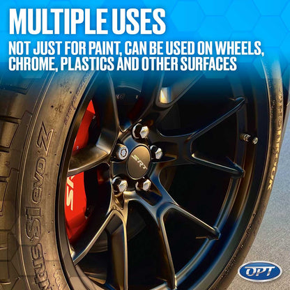 Photograph of a high-performance car wheel displaying a glossy black SRT alloy rim with chrome lug nuts, a prominent bright red brake caliper, and a Hankook Ventus S1 Evo Z tire, overlaid with promotional text describing multiple uses for wheels chrome plastics and other surfaces, alongside an OPT brand logo