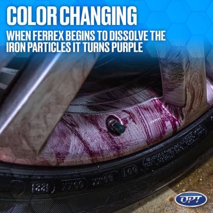 Close-up image of a dark gray car wheel rim actively reacting with Ferrex iron remover, displaying vibrant purple streaks as it dissolves iron particles, alongside a black tire and bright green valve stem cap, demonstrating its advertised color-changing properties