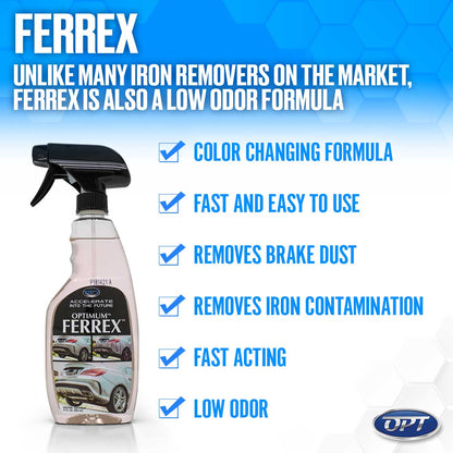 Optimum Ferrex product advertisement featuring a clear spray bottle of iron remover against a blue hexagonal background, highlighting benefits like color changing, low odor, and brake dust removal