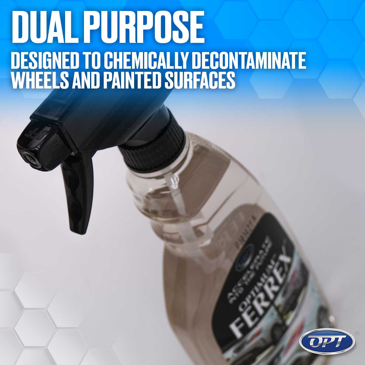 Product photo of an Optimum Ferrex dual purpose chemical decontaminant in a clear spray bottle with a black trigger, containing a light brown liquid and featuring a car-themed label, set against a blue hexagonal background with white text highlighting its use for wheels and painted surfaces