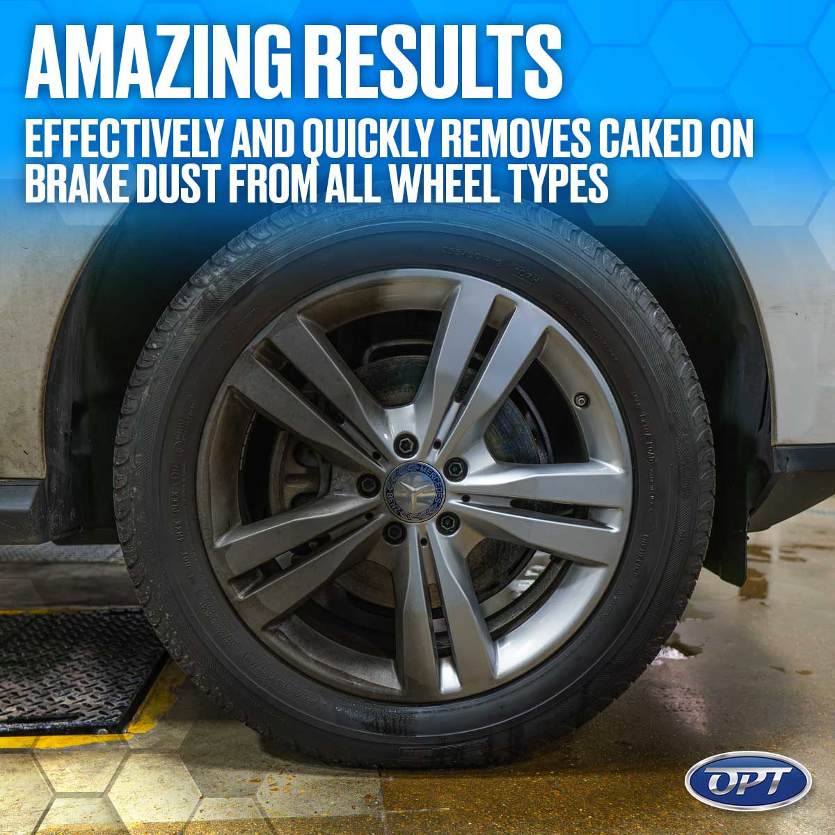 Dirty Mercedes-Benz car wheel with a brake dust-caked silver rim and black tire on a wet concrete garage floor with a black rubber mat, featuring prominent overlay text 'AMAZING RESULTS' advertising brake dust removal and an OPT brand logo