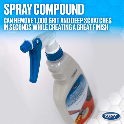 Product photography of an OPT Spray Compound bottle with a blue trigger and cap, its label featuring "ACCELERATE OPTIMUM HYPER COMPOUND" and a car graphic, set against a blue hexagonal background with large white text "SPRAY COMPOUND CAN REMOVE 1,000 GRIT AND DEEP SCRATCHES IN SECONDS WHILE CREATING A GREAT FINISH"