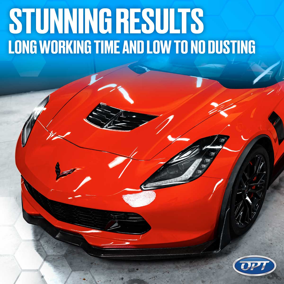 An orange Chevrolet Corvette C7 sports car with a stunning glossy finish displays bright LED headlights and black wheels with red calipers on a hexagonal tiled floor with the text Stunning Results