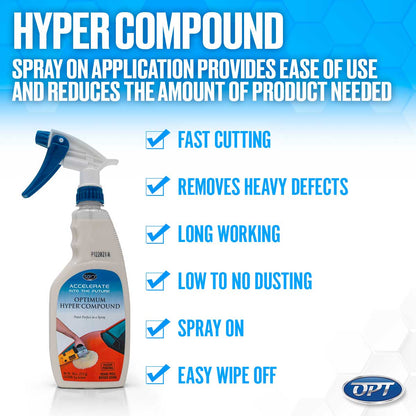 Digital advertisement displaying an Optimum Hyper Compound white spray bottle with a blue nozzle and trigger, highlighted by a large HYPER COMPOUND title and a checklist of features like FAST CUTTING and SPRAY ON application against a blue honeycomb background