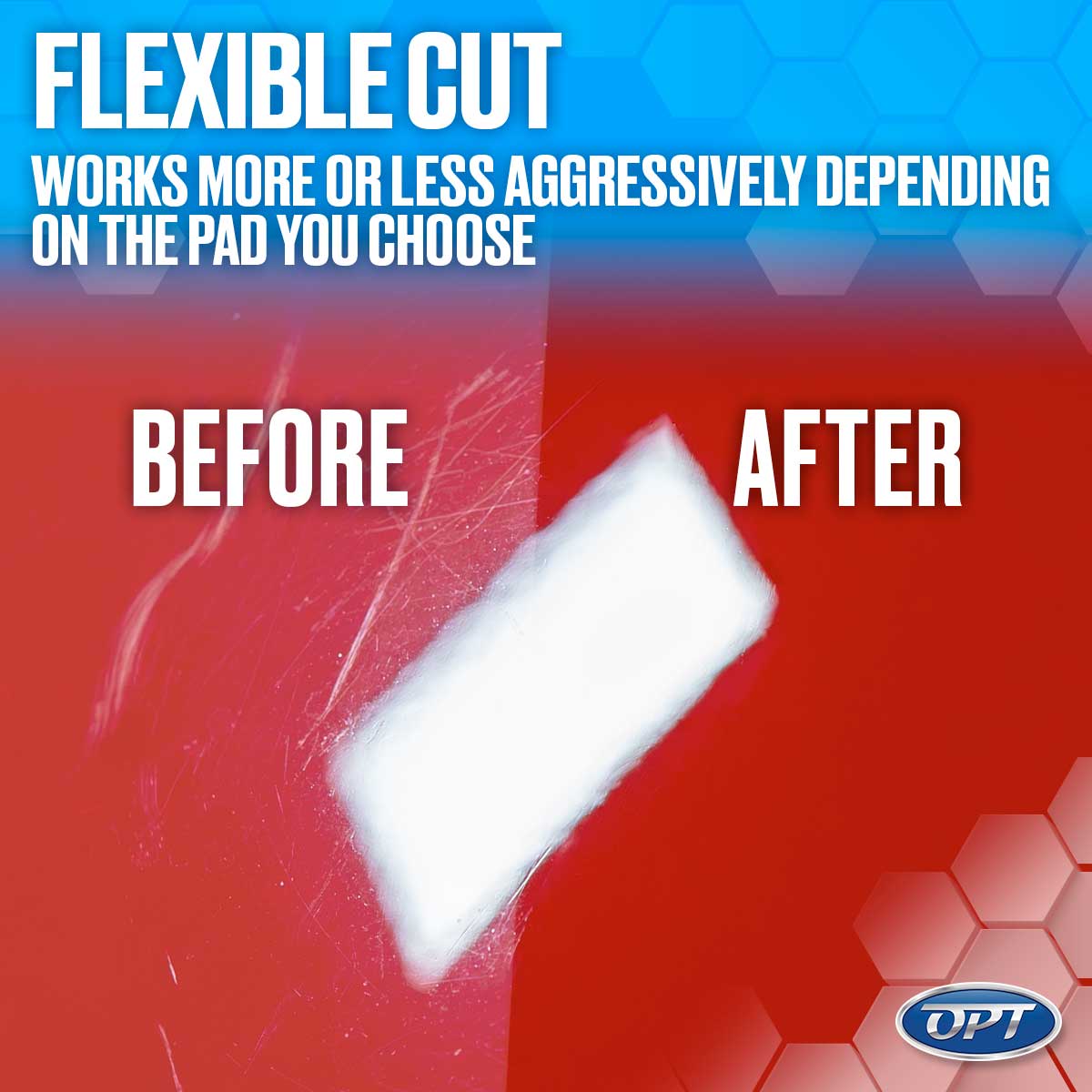 Red car paint showing a clear "before and after" of scratch removal with a white pad dividing the heavily scratched "before" left side from the pristine glossy "after" right side demonstrating the "Flexible Cut" product performance