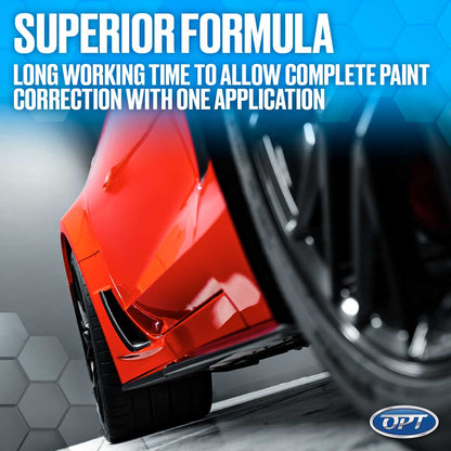 A close-up of a vibrant red sports car's side, featuring a black wheel and aerodynamic vents, set against a blue hexagonal background, with the product text SUPERIOR FORMULA LONG WORKING TIME TO ALLOW COMPLETE PAINT CORRECTION WITH ONE APPLICATION and an OPT logo