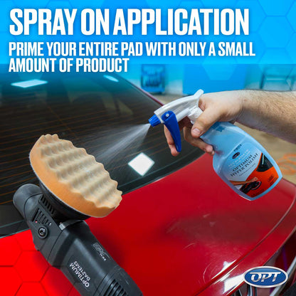 Promotional photograph depicting a hand spraying Optimum Hyper Polish from a blue bottle onto an orange waffle-texture polishing pad attached to a black Optimum DA21EM3 polisher on a glossy red car, emphasizing easy spray-on application to prime the pad