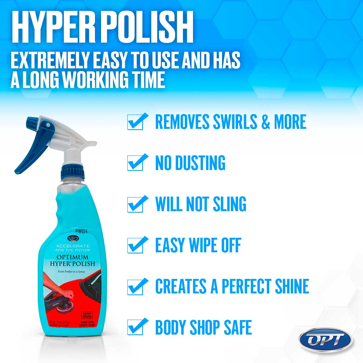 Digital advertisement by Optimum (OPT) presenting a turquoise blue Hyper Polish spray bottle with a white and blue trigger and a label depicting a hand polishing a red car, highlighting features like "removes swirls & more," "no dusting," and "creates a perfect shine" on a blue hexagonal background