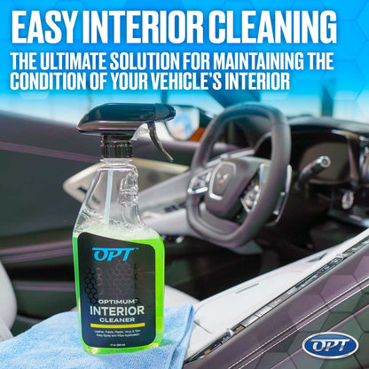 Photograph of an OPT Optimum Interior Cleaner bottle with bright neon green liquid on a blue microfiber cloth in a luxurious car interior, displaying a modern steering wheel with a Corvette emblem and the phrase Easy Interior Cleaning