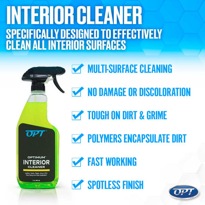 Digital advertisement showing a neon green Optimum Interior Cleaner spray bottle with a black trigger against a blue hexagonal background highlighting its Multi-Surface Cleaning and Spotless Finish features