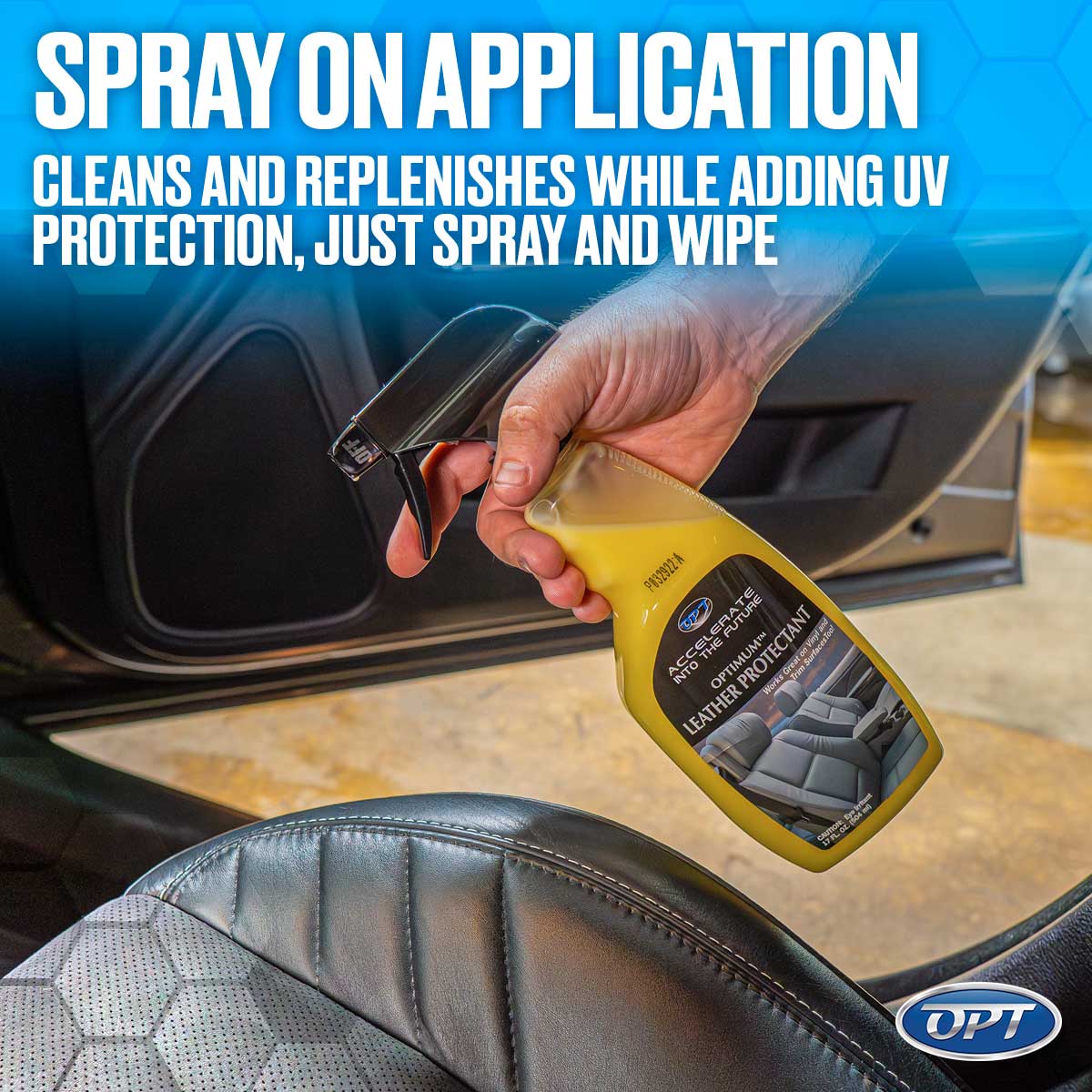 Photograph of a hand holding a yellow bottle of Optimum Leather Protectant spray above a black leather car seat featuring quilted stitching and a hexagonal perforated design with SPRAY ON APPLICATION text promoting easy car interior cleaning and UV protection