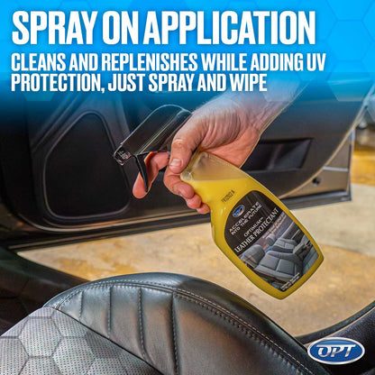 Photograph of a hand holding a yellow bottle of Optimum Leather Protectant spray above a black leather car seat featuring quilted stitching and a hexagonal perforated design with SPRAY ON APPLICATION text promoting easy car interior cleaning and UV protection